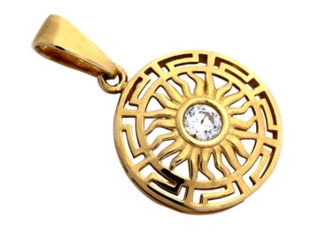 Elegancka złota zawieszka damska z ażurowym wzorem i cyrkonią. Okrągły wisiorek z modnym motywem greckim, idealny na prezent. Żółte złoto.3.jpg